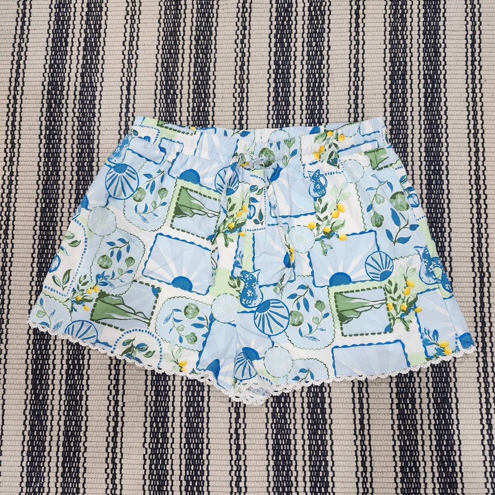 Francesca's Blue White Lemon Tile Print Lace Trim Shorts Medium Mediterranean